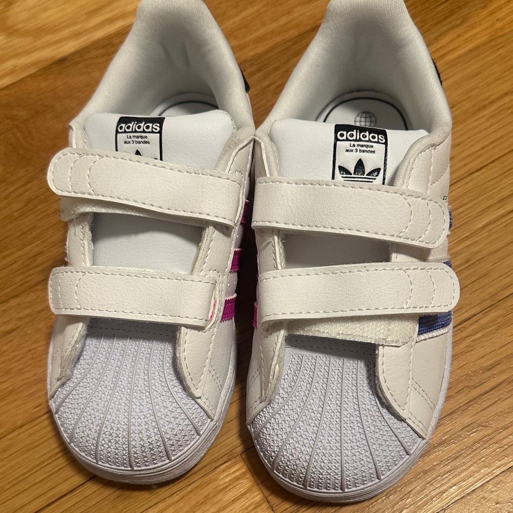 Adidas Kids White Sneakers with Pink and Blue Accents
